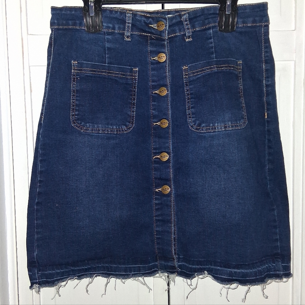 Classic Blue Denim Dark Wash Mini Skirt with Button Front